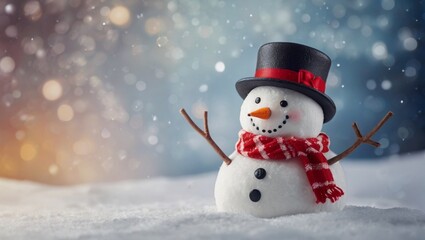 Christmas winter background with snowman in snow and blurred bokeh background.Merry Christmas and happy new year greeting card with copy space.

