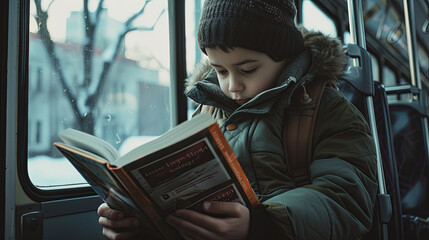 Young boy reading a book on a city bus  - obrazy, fototapety, plakaty