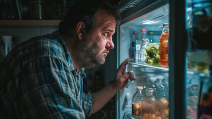 A hungry man looks into the refrigerator at night
