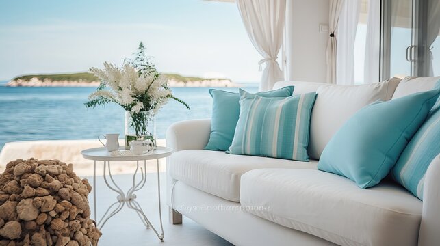 Cozy and elegant living room with fabric sofas, turquoise pillows, and wooden coffee table in a coastal home with sea view