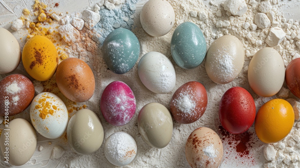 Poster a bunch of eggs sitting on top of a table next to a pile of powdered up eggs on top of a white surfa
