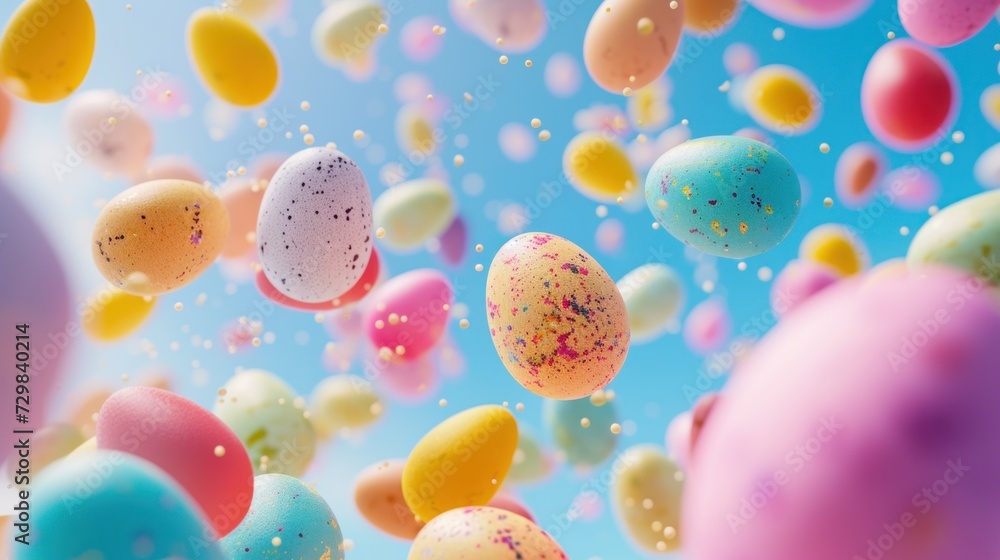 Poster a bunch of eggs floating in the air with confetti and sprinkles all around them on a sunny day with 