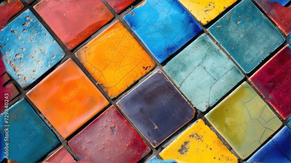 Poster a close up of a multicolored tile with a person's foot in the middle of the tile and the colors of t
