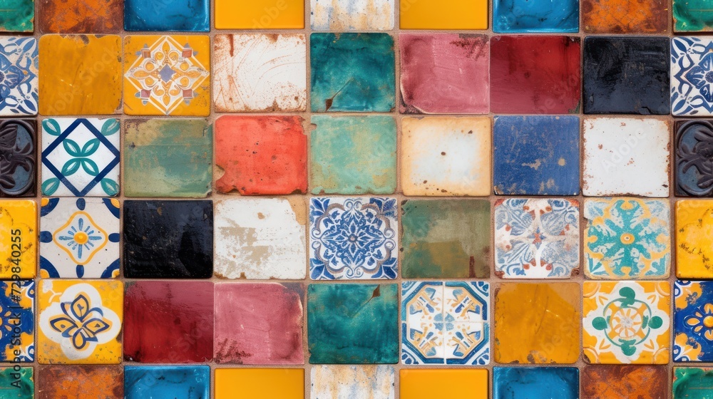 Aufkleber a close up of a multicolored tile wall with different shapes and sizes of tiles on each side of the 