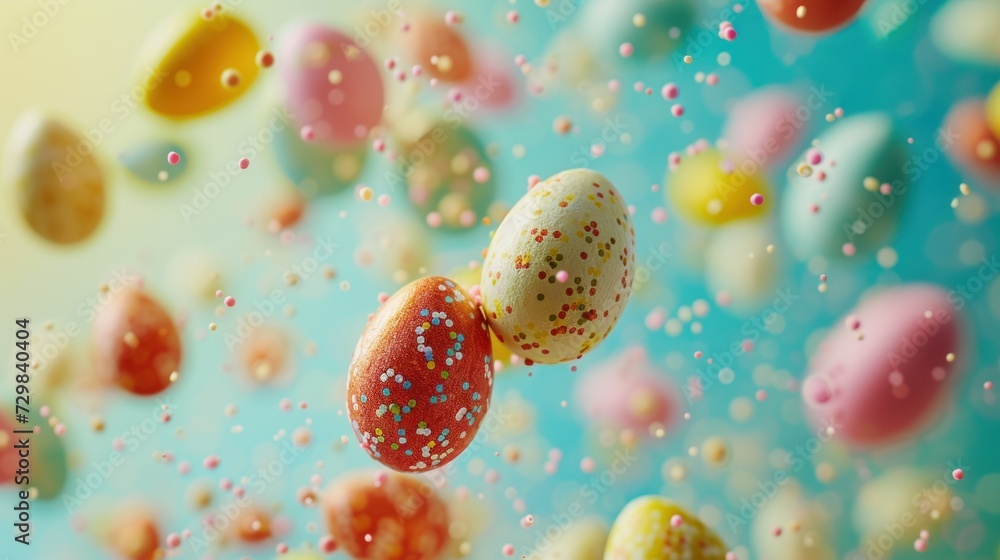 Poster a group of candies floating in the air with sprinkles on them and a blue sky in the background with 