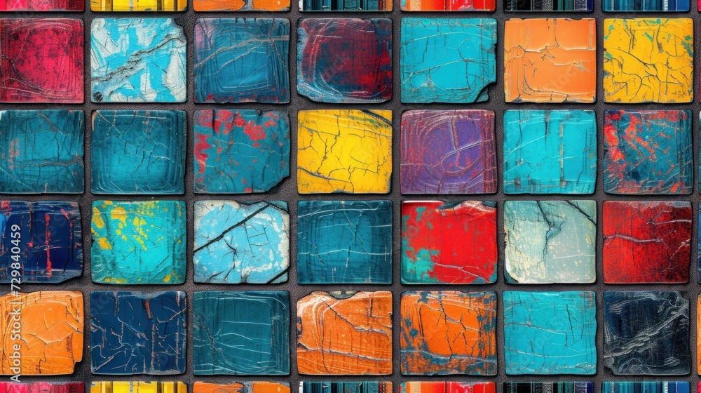 Poster a close up of a multicolored tile wall with a pattern of squares and rectangles in different shades 