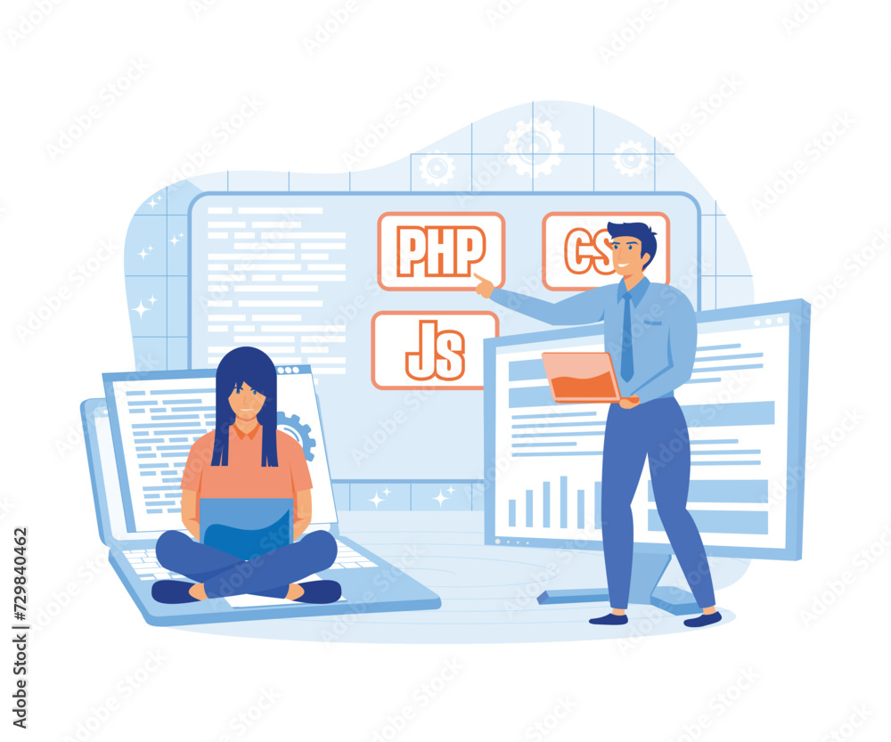 Poster programming courses. students studying with computers scene. flat vector modern illustration