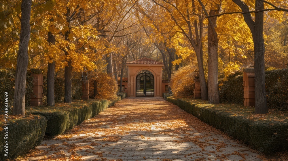 Poster a pathway in the middle of a park lined with hedges and trees with yellow leaves on the ground and i