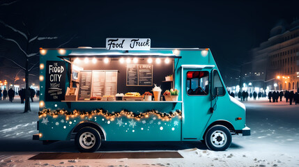 Food truck in the city festival winter night, photo shoot