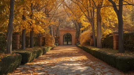  a pathway in the middle of a park lined with hedges and trees with yellow leaves on the ground and in front of a building with a clock on the wall.