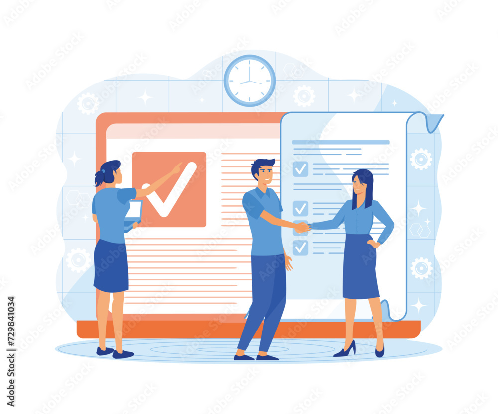 Poster done job concept. checklist, pc monitor with long paper document and to do list with check box. flat