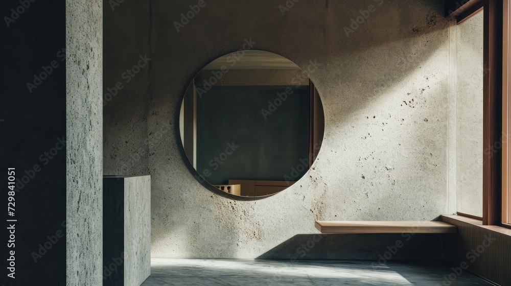 Poster a round mirror hanging on the side of a wall next to a window with a bench in front of it and a wind