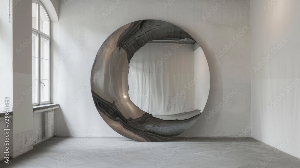 Poster a white room with a round mirror on the wall and a window on the side of the room with a curtain on 