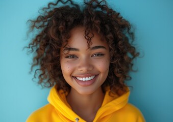 African American model girl with colorful sweatshirt in professional colorful photo studio background