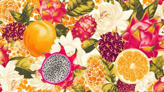  a close up of a bunch of fruit and flowers on a white background with oranges, grapefruits, and pomegranates on it.