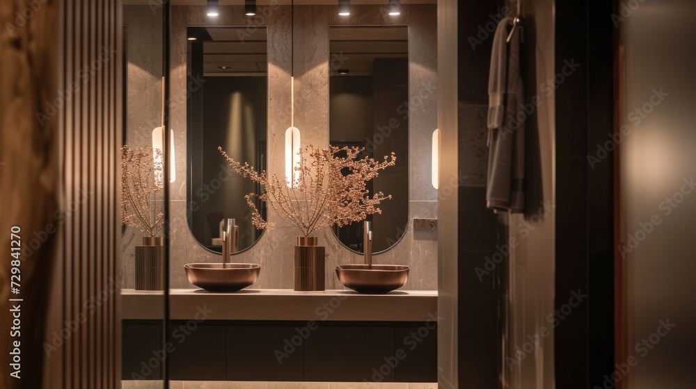Poster a bathroom with a large mirror and two vases with flowers in them on a counter next to a sink with a