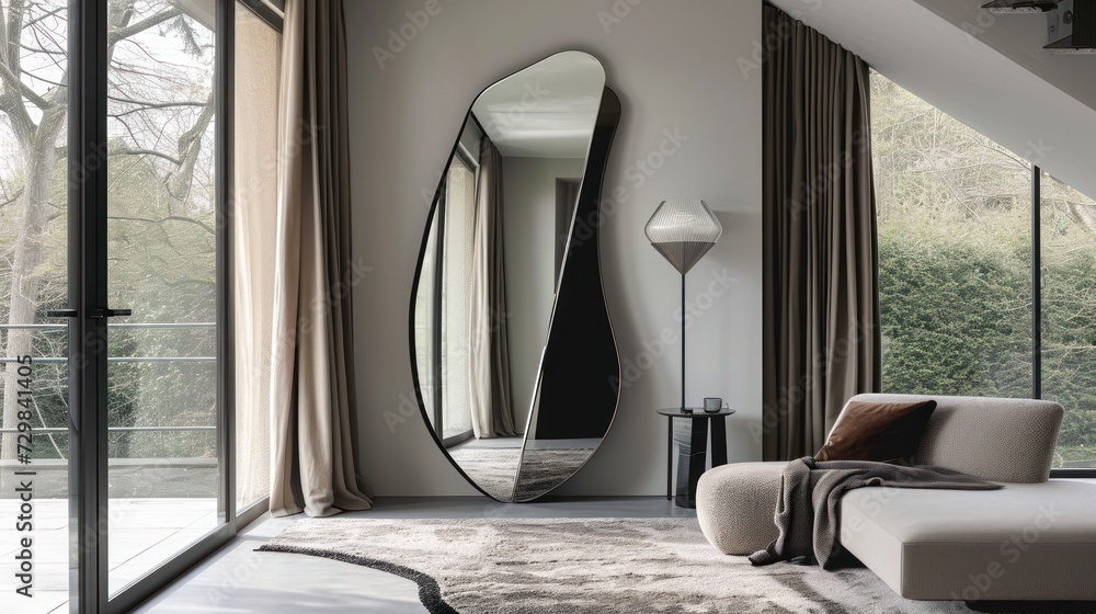 Poster a living room with a couch and a large mirror on the wall next to a large window with a view of the 