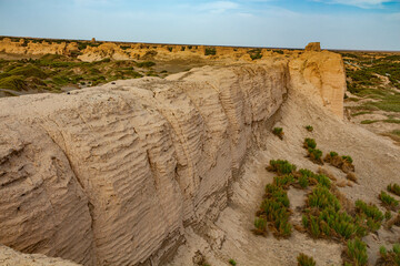 A view of an ancient watchtower built by sand and stones on a dessert landscape in ancient Suoyang...