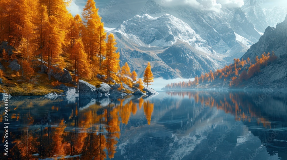 Poster a mountain range is reflected in the still water of a lake with yellow trees in the foreground and a