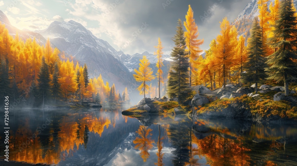 Poster a painting of a mountain scene with a lake and trees in the foreground and a mountain range in the b