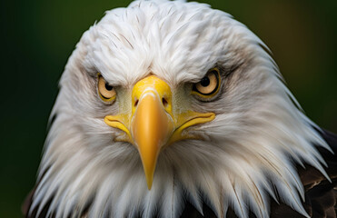 Obraz premium A head bald eagle with yellow eyes and a yellow beak stares forward.
