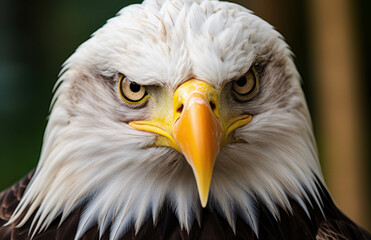 Fototapeta premium A head bald eagle with yellow eyes and a yellow beak stares forward.