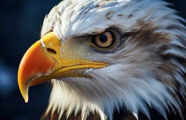 A head bald eagle with yellow eyes and a yellow beak stares forward.