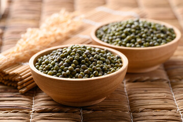 Green mung bean in wooden bowl, Food ingredients