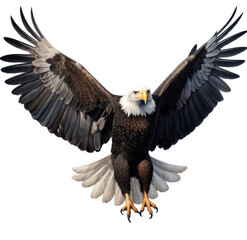 Obraz premium An eagle is flying isolated with its wings wide open and talons out on a white background