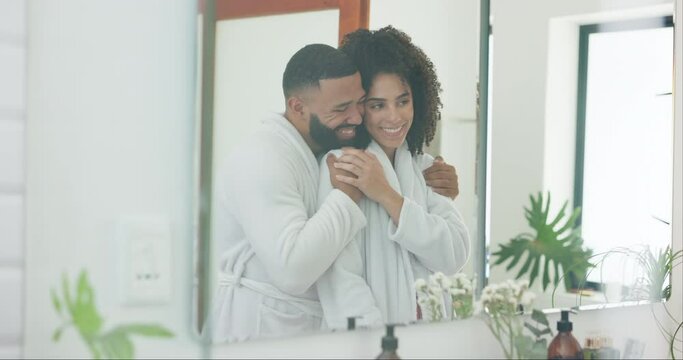 Mirror, laughing and hug with couple in bathroom of home together for hygiene or morning routine. Funny, smile or happy with reflection of man and woman in apartment for love, beauty or bonding
