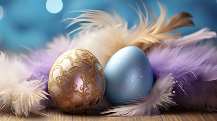 Beautiful Easter display, a blue surface with a nest of blue and purple Easter eggs and feathers