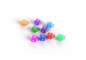 3d render numbers 1-9. numbers on 3d cubes. 3d render colorful cubes and 3d numbers