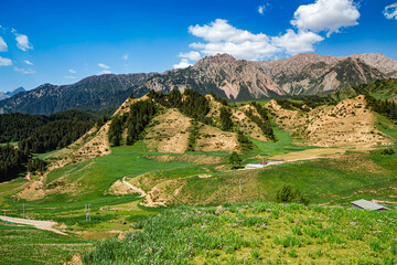 Naklejka premium Beautiful landscape view of Qilian mountain with grassland,forest,white clouds and blue sky,showing greatness of nature.Scenic spot is located in Zhangye,Gansu Province China.