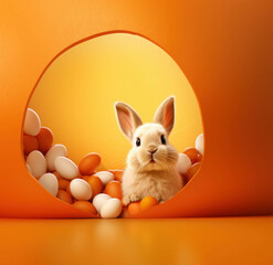 Easter bunny and A fluffy bunny sit behind a pile of Easter eggs on an orange background.