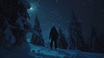  a man standing in the snow with skis under a night sky full of stars and the stars above him is a forest of snow covered with evergreens and snow.