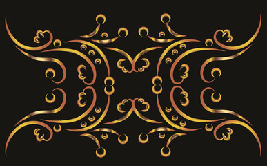 Fototapeta na wymiar Fantasy illustration with swirls. Symmetrical ornament, applique, backgroundGold gradient on a black background for printing on fabric, applique and cards.