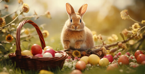 Fototapeta na wymiar Easter bunny, A fluffy bunny sits in a field of flowers near a basket filled with Easter eggs.