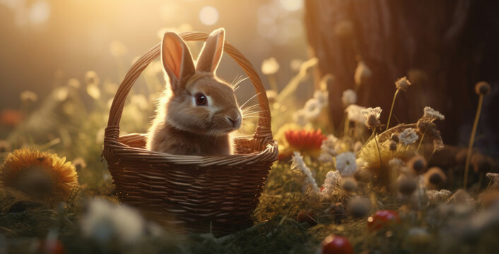 Easter bunny rabbit sits in a field of flowers with a basket in natural sunlight background