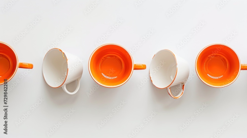 Poster five orange and white coffee cups lined up in a row on a white surface, with one empty cup in the mi