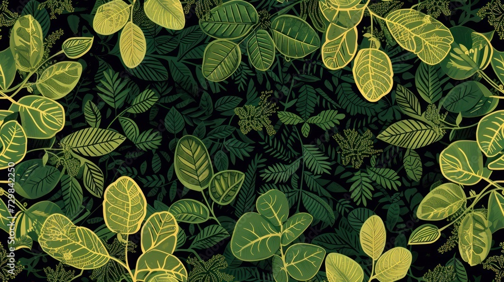 Poster a close up of a green and yellow leafy pattern on a black background with yellow and green leaves on
