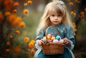 Fototapeta na wymiar Easter egg hunt. A cute girl is holding a basket of Easter eggs.