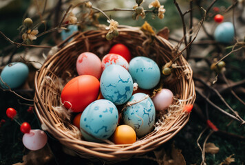 Fototapeta na wymiar Easter eggs basket A bird's nest in a grassy field, filled with colorful Easter eggs.