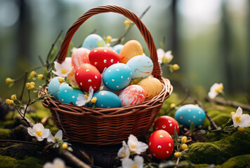 Fototapeta na wymiar Easter eggs basket A wicker basket in a grassy field, filled with colorful Easter eggs.