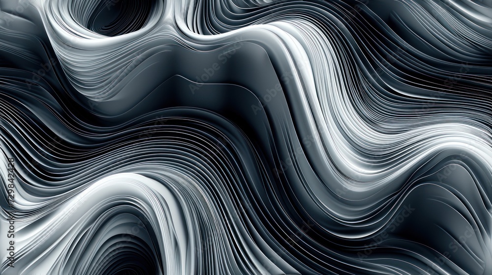 Poster a black and white abstract background with wavy lines in the shape of a wave and a black and white b