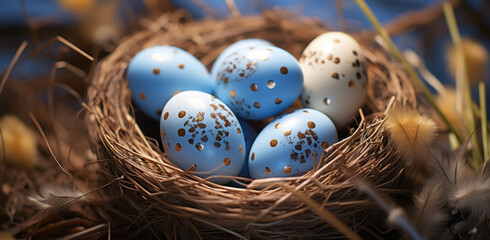 Fototapeta na wymiar Easter eggs, Nest filled with blue and white Easter eggs surrounded by feathers.