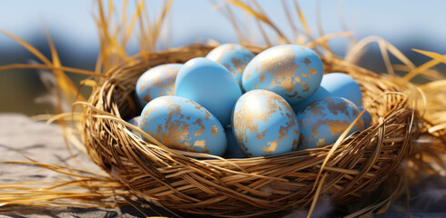 Easter eggs, Nest filled with blue and white Easter eggs surrounded by feathers.