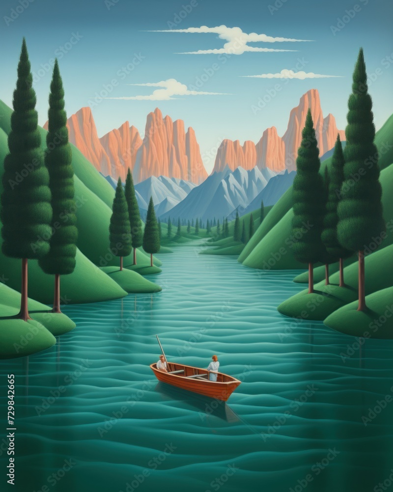 Poster a painting of a man in a rowboat on a river with mountains in the background and a lake in the foreg
