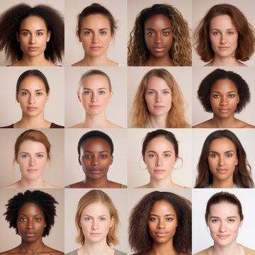 ID photos. Visa. Passport. A modeling agency casting. Black and white women. Diversity. Portfolio of a fashion model. Runway. Genes. Model management. 16 female portraits on pastel, beige background 