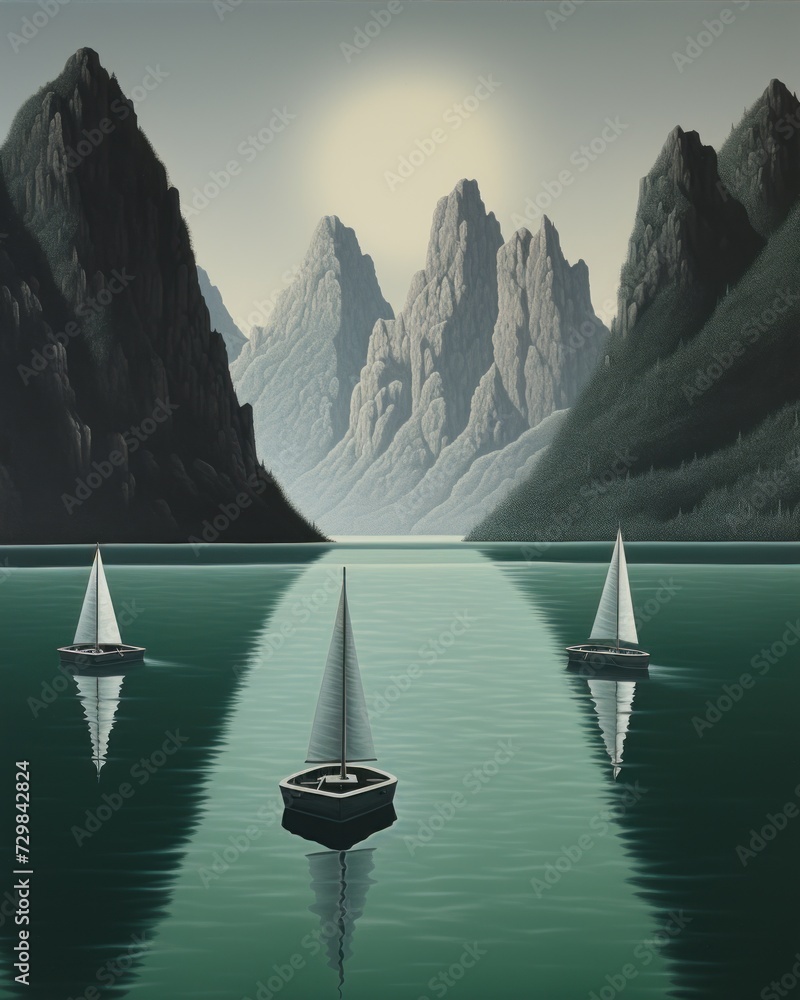 Poster a painting of three sailboats floating on a lake with mountains in the background and a full moon in