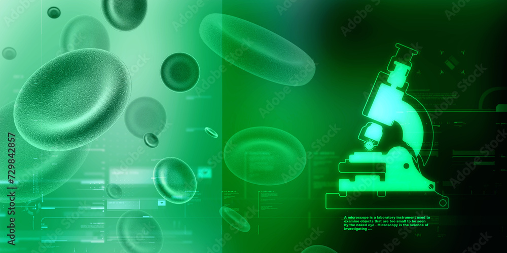 Poster 2d rendering virus testing microscope with medicine bottle